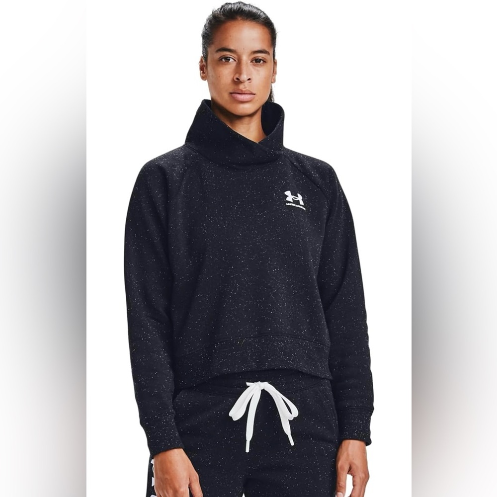 Under Armour Women's Black Fleck Rival Fleece Wrap Neck Loose Cropped Pullover - Picture 1 of 4